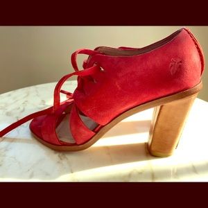 Red Suede lace up Frye with a tan leather 4” heel